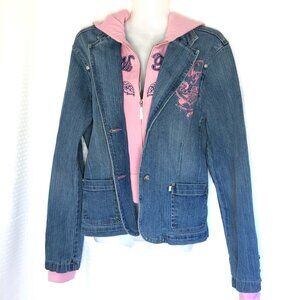Jean Jacket Hoodie with Faux Sweatshirt Insert and Hood